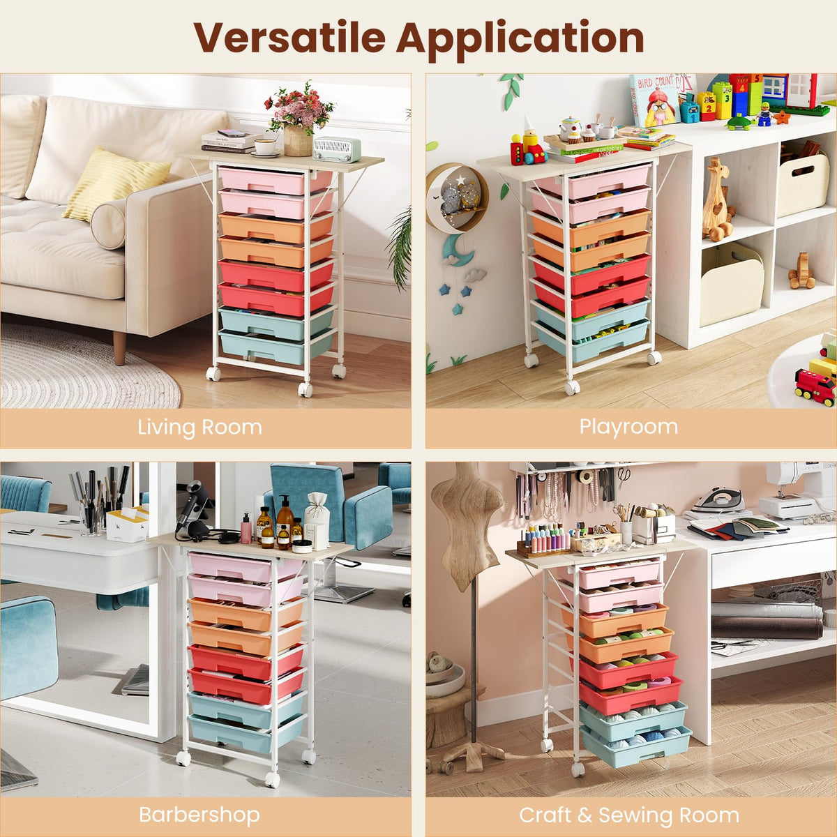 8 Drawers Storage Trolley with Wooden Top & Foldable Side Panels