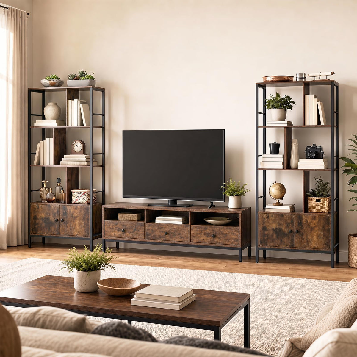 Modern Bookcase with Steel Frame 3-Tier Shelves and 2-Door Cabinet for Living Room
