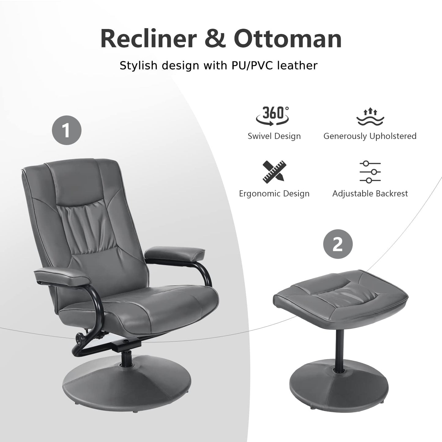 Swivel Recliner Chair with Footstool and Adjustable Backrest