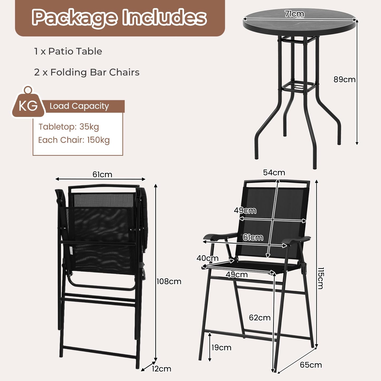 1 DPC Top Bar Table and Umbrella Hole with 2 Folding Chairs