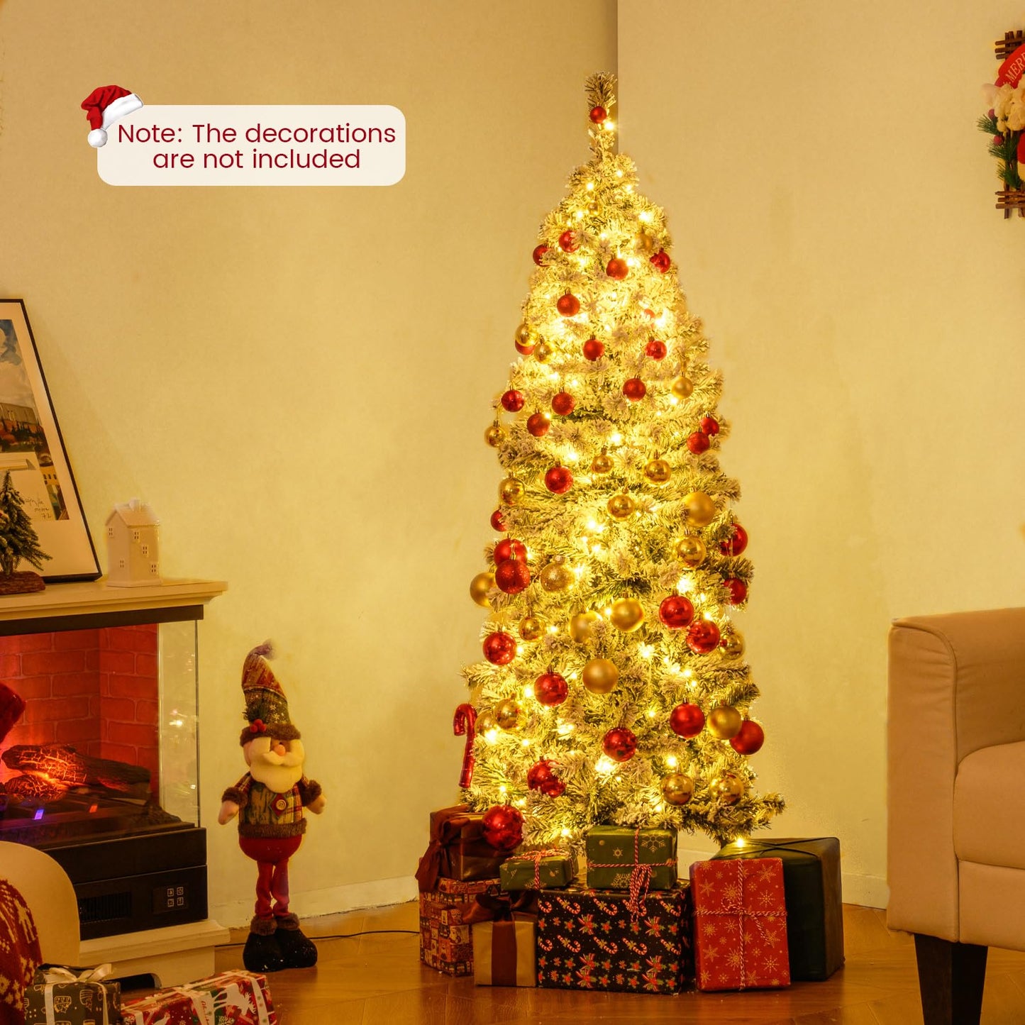 Pre-lit Snow Flocked Christmas Tree, Hinged Artificial Slim Pencil Xmas Tree with Lights