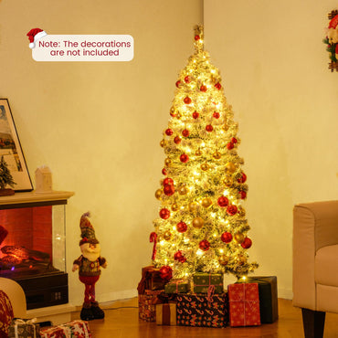 Pre-lit Snow Flocked Christmas Tree, Hinged Artificial Slim Pencil Xmas Tree with Lights