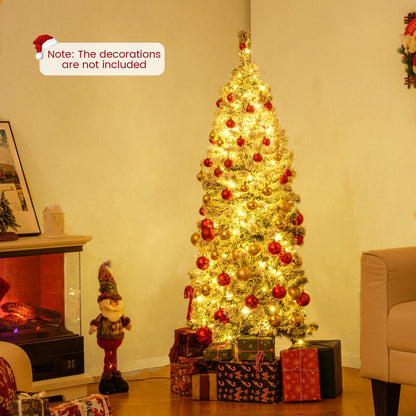 Pre-lit Snow Flocked Christmas Tree, Hinged Artificial Slim Pencil Xmas Tree with Lights