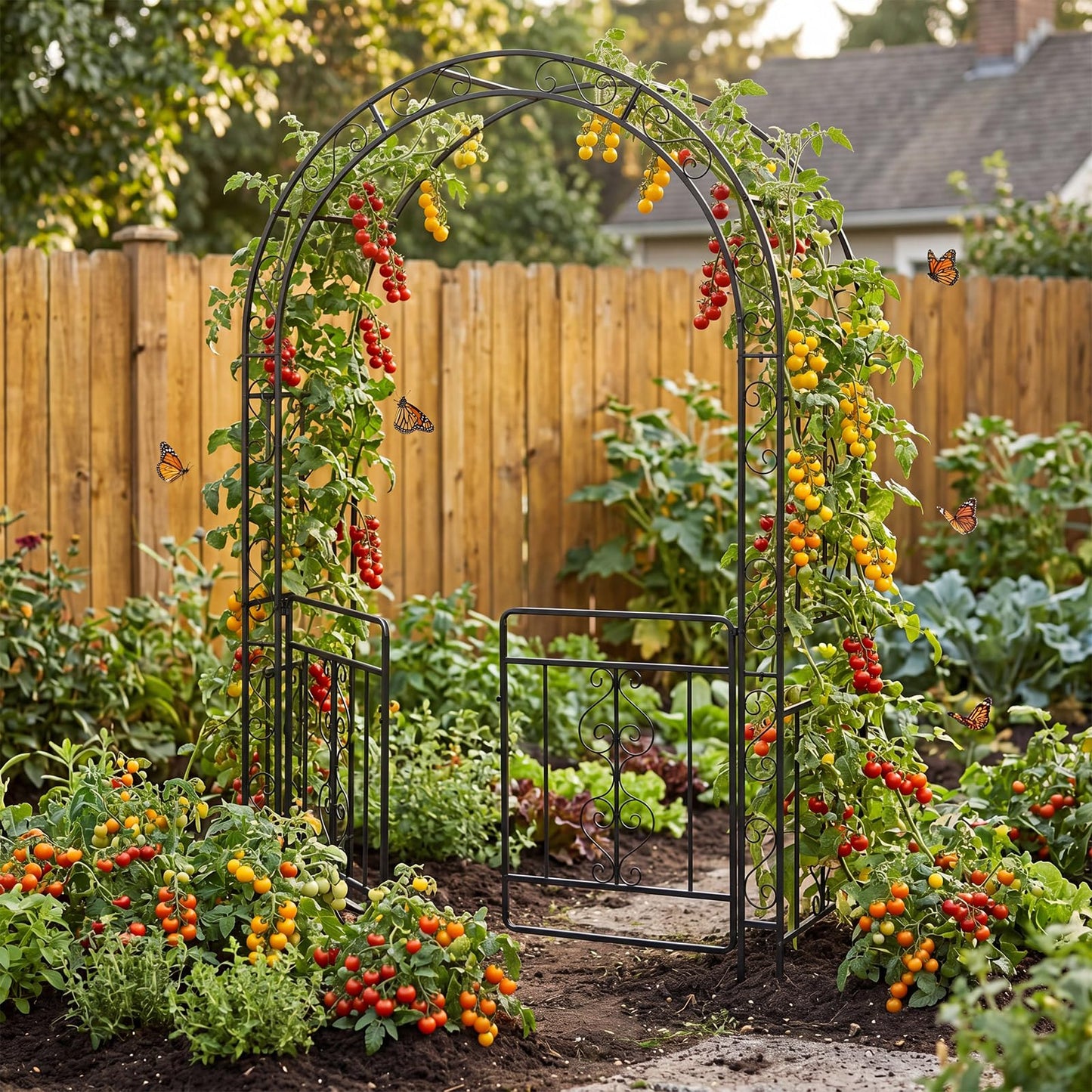 Garden Arch with Gate, Metal Pergola Arbor Trellis for Climbing Plant Rose Vines