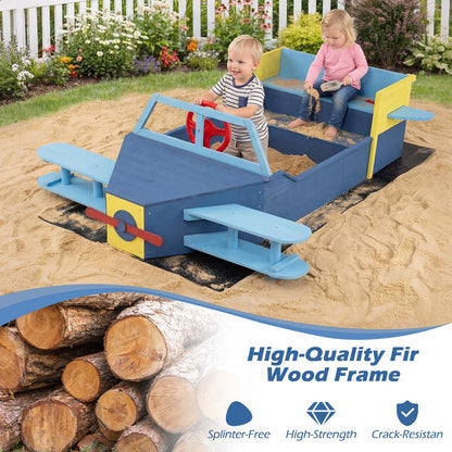 Wooden Kids Sandpit, Glider-Shape Sand Box with Bench Seat, Propeller, Rotatable Rudder