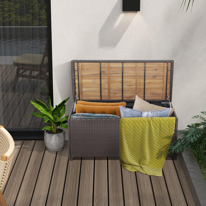 170L Waterproof PE Rattan Outdoor Storage Box with Acacia Wood Sit-on Lid