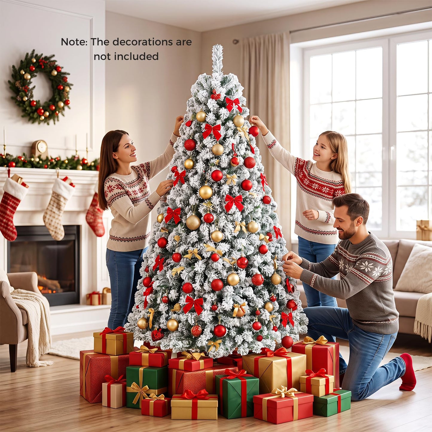 6FT Snow Flocked Christmas Tree, Pre-Lit Artificial Decoration Tree