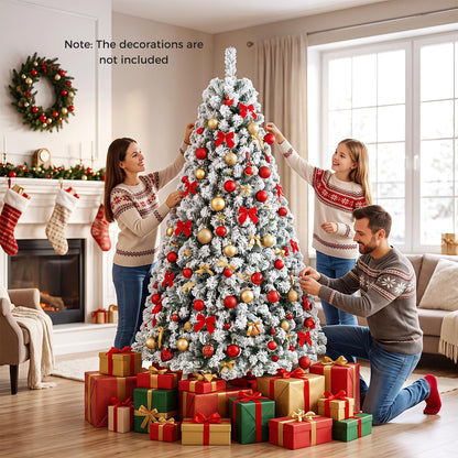 6FT Snow Flocked Christmas Tree, Pre-Lit Artificial Decoration Tree
