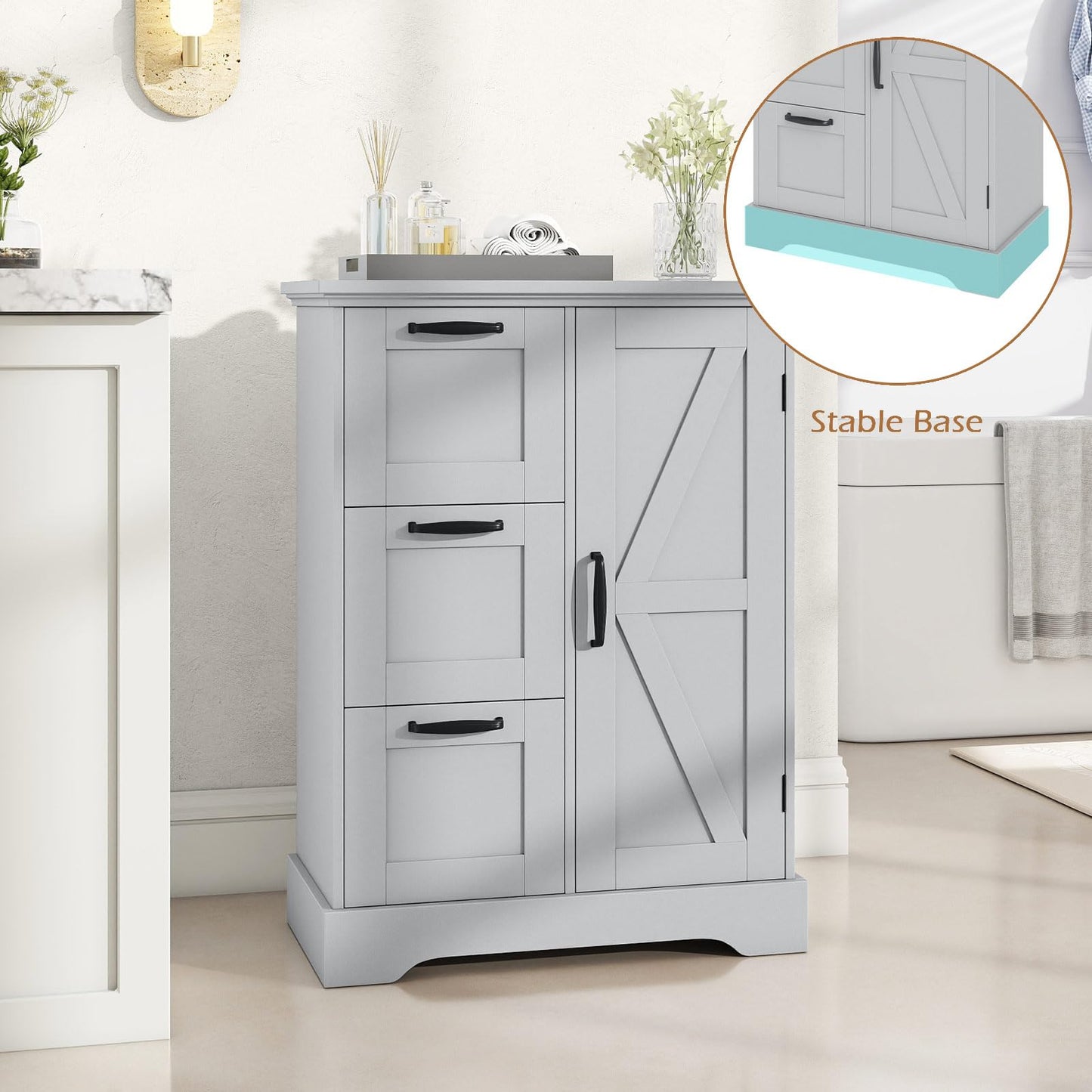 Farmhouse Floor Cabinet with Barn Door, Freestanding Bathroom Storage Organizer