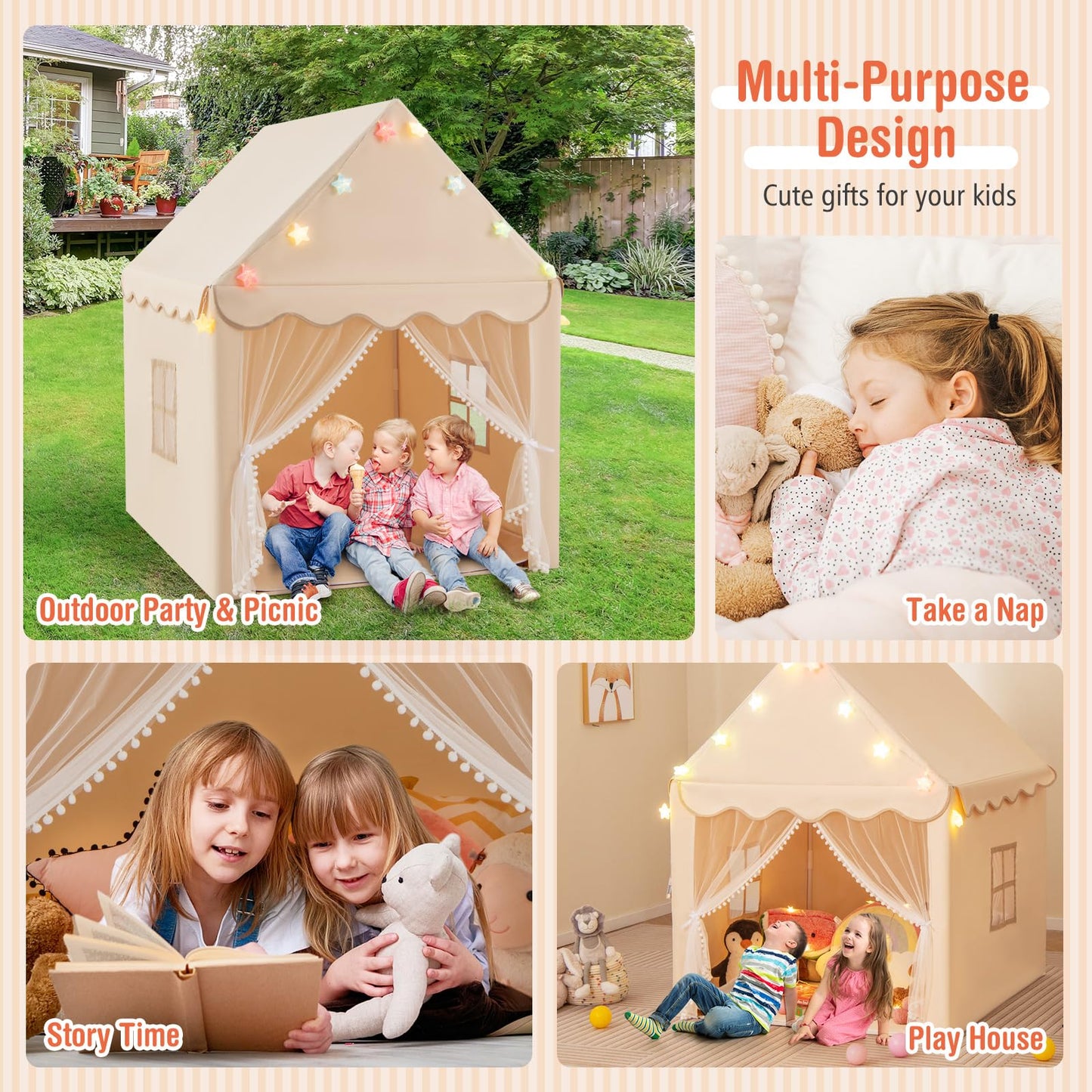 Kids Large Tent with Washable Mat and Star Lights for Children Gift
