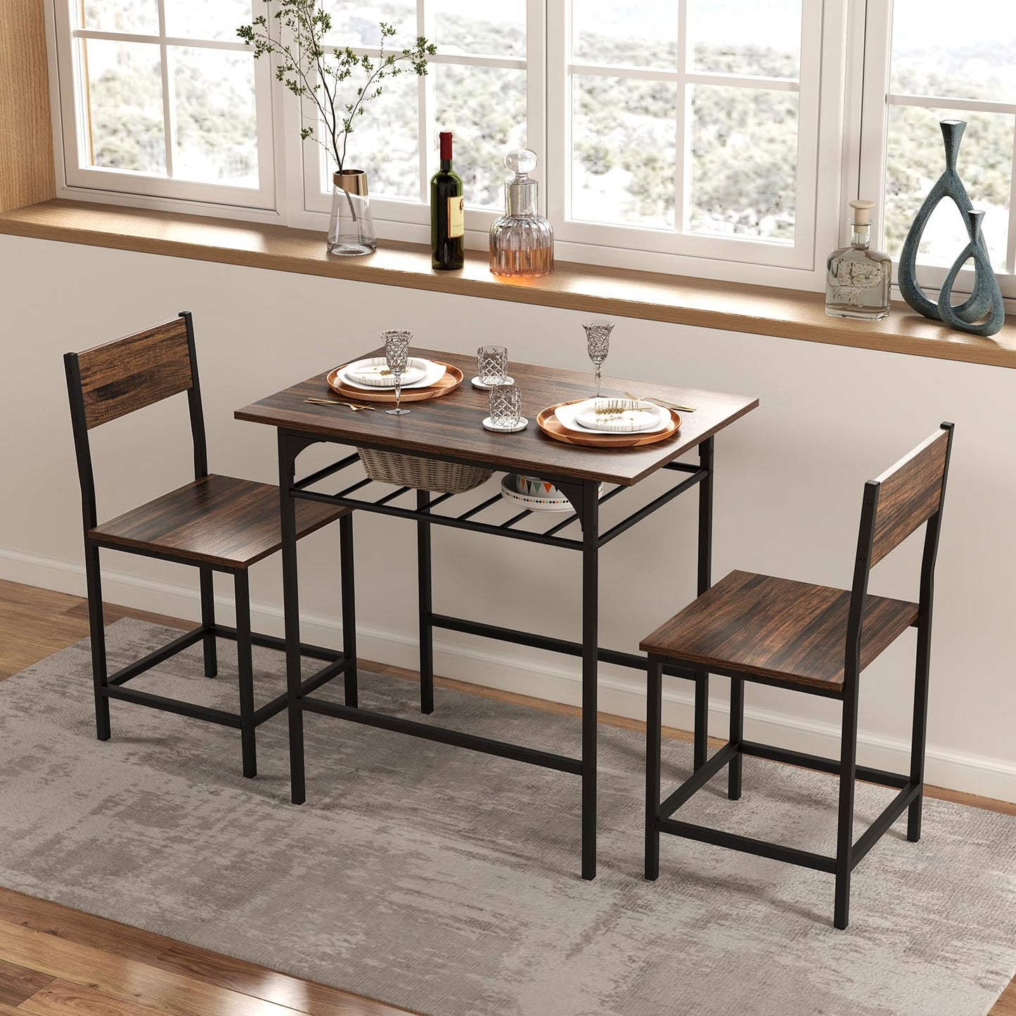 Dining Table Set for 2 with Metal Frame and Storage Rack