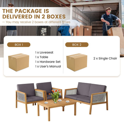 Acacia Wood Rattan Patio Conversation Set with Loveseat