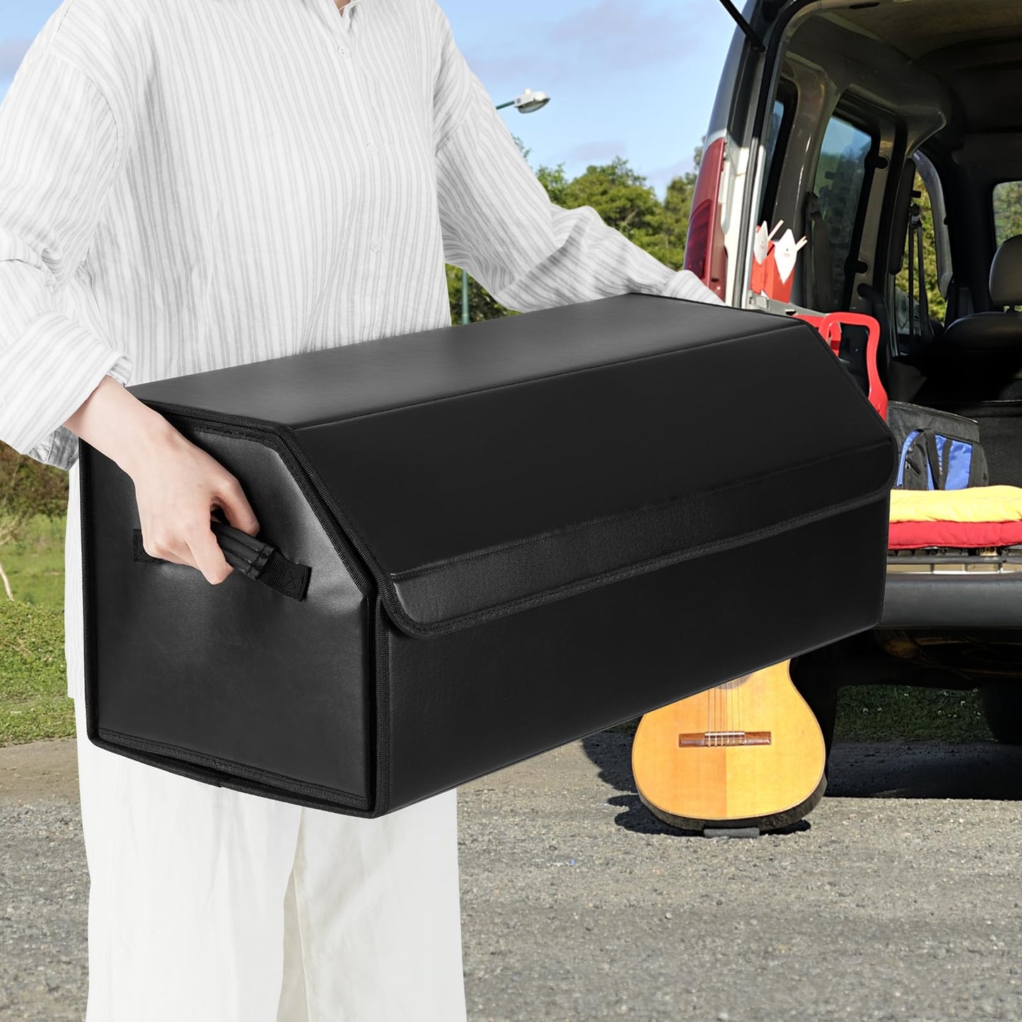 Leather Car Trunk Organizer with Lid Removable Divider and Large Capacity