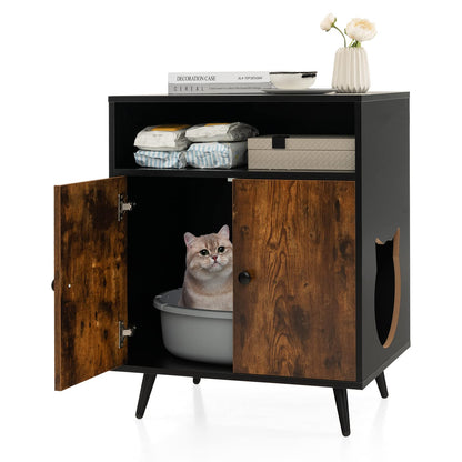 Hidden Cat Litter Box Enclosure, Wooden Kitty House End Table with Open Shelf