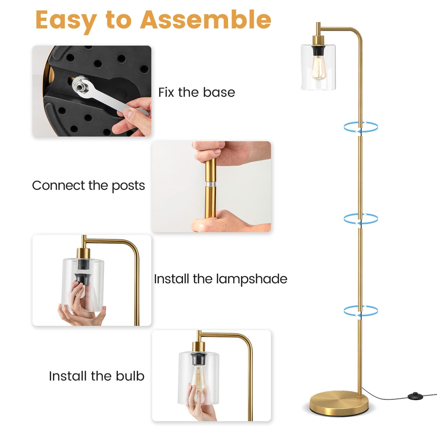 Industrial Floor Lamp with Hanging Glass Lampshade and Foot Switch