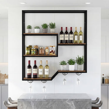 Wall Mounted Wine Rack, 5-Tier Hanging Bar Shelves with 4 Wine Glass Holders