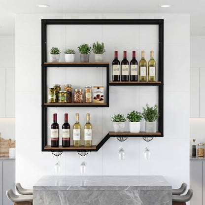 Wall Mounted Wine Rack, 5-Tier Hanging Bar Shelves with 4 Wine Glass Holders