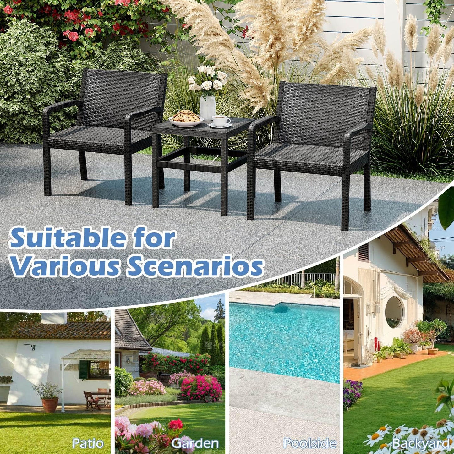 Rattan Furniture Set with 2 Armchair and Squire Side Table
