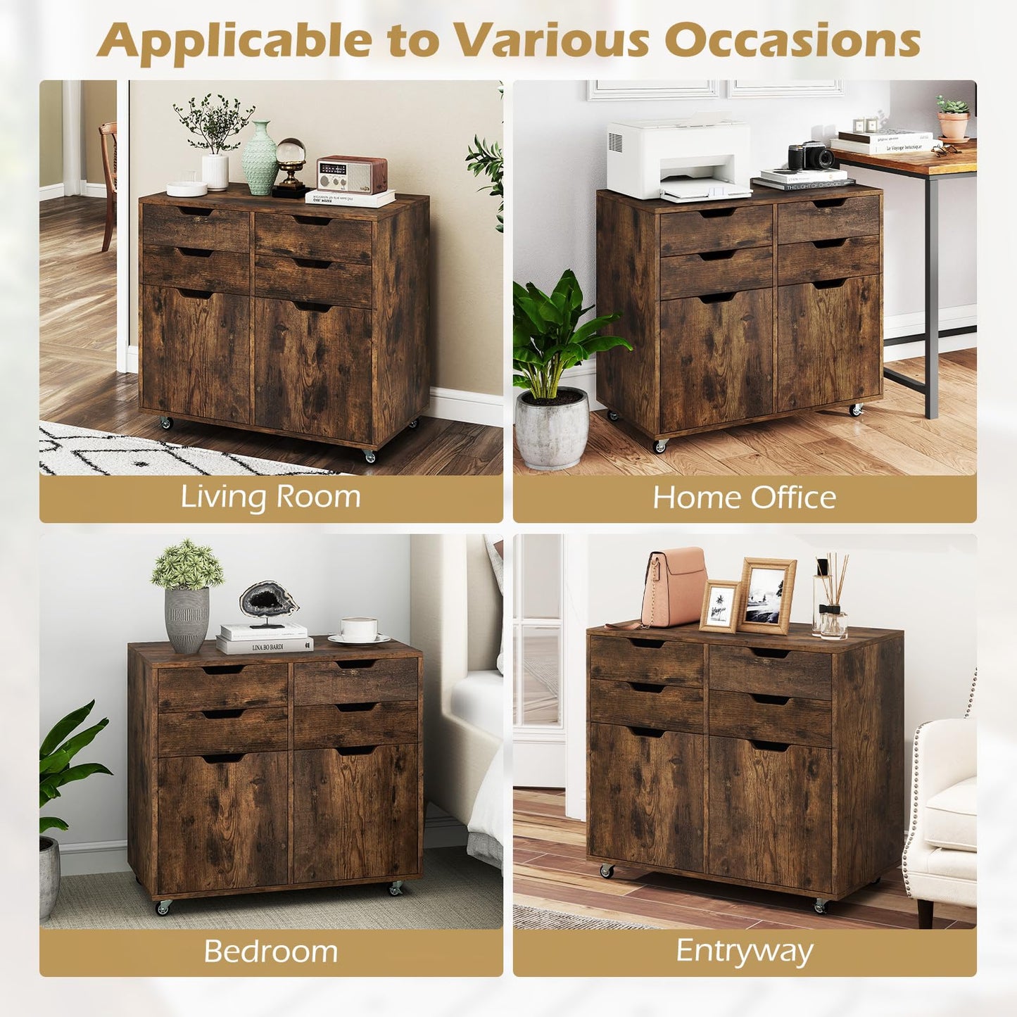 4 Drawer Dresser Chest with Doors and Universal Wheels