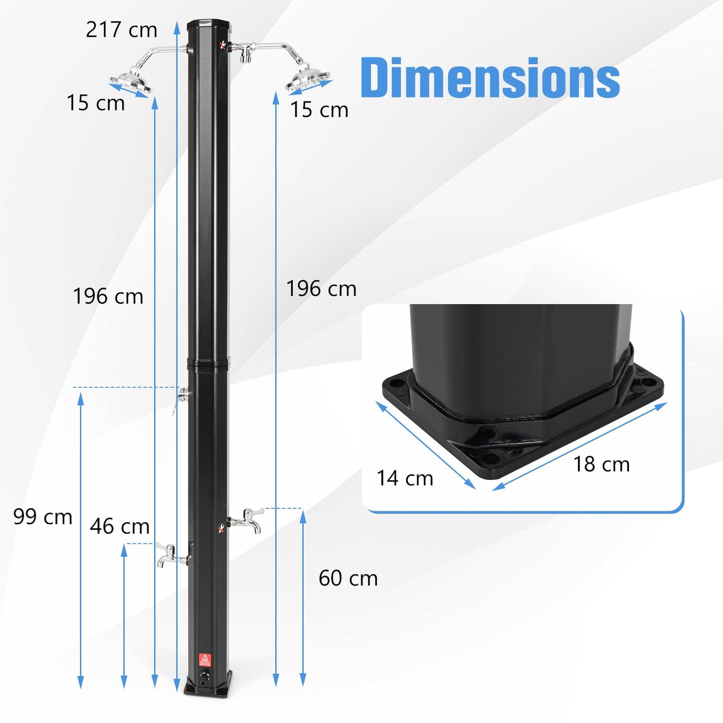 217cm/7ft Outdoor Solar Heated Shower 35L Garden Adjustable Temperature Pressure Pool Shower with Dual 360°Swivel Shower Heads