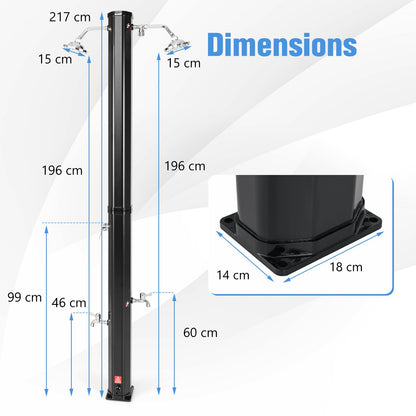 217cm/7ft Outdoor Solar Heated Shower 35L Garden Adjustable Temperature Pressure Pool Shower with Dual 360°Swivel Shower Heads