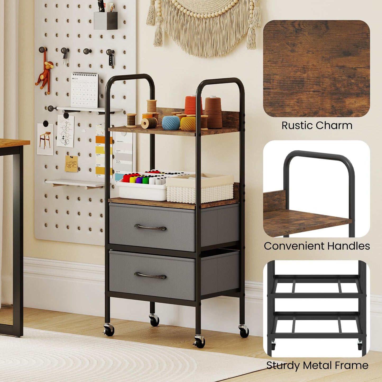 Rolling Utility Storage Cart Mobile Printer Stand with 2 Open Shelves