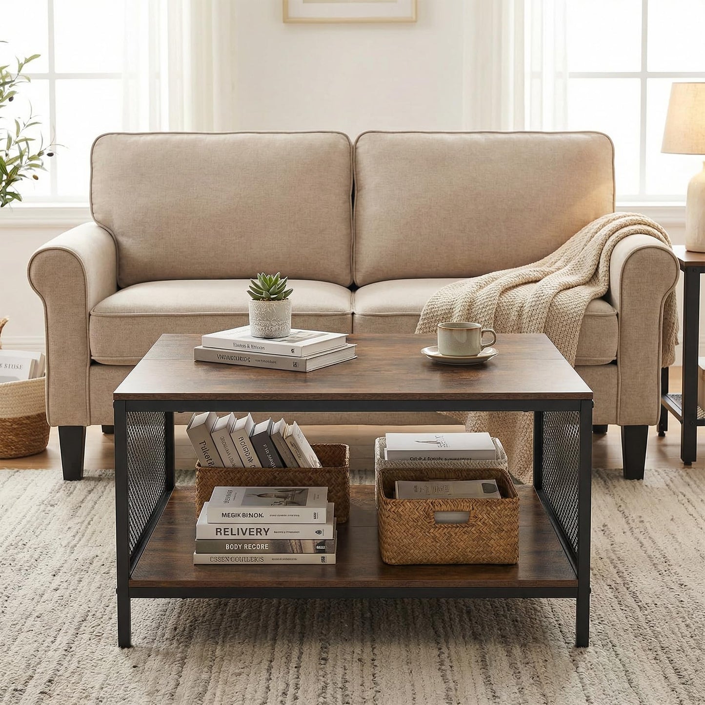 2-Tier Coffee Table, Industrial Square Cocktail Center Table with Open Storage Shelf