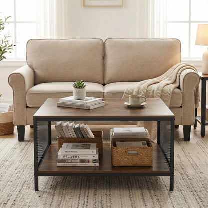 2-Tier Coffee Table, Industrial Square Cocktail Center Table with Open Storage Shelf