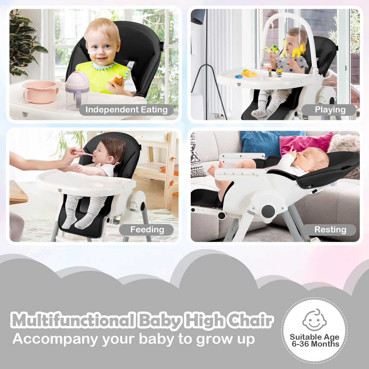 Foldable Reclining Infants High Chair with Removable Double Trays