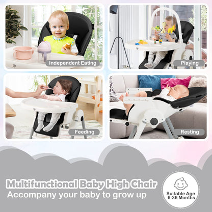 Foldable Reclining Infants High Chair with Removable Double Trays