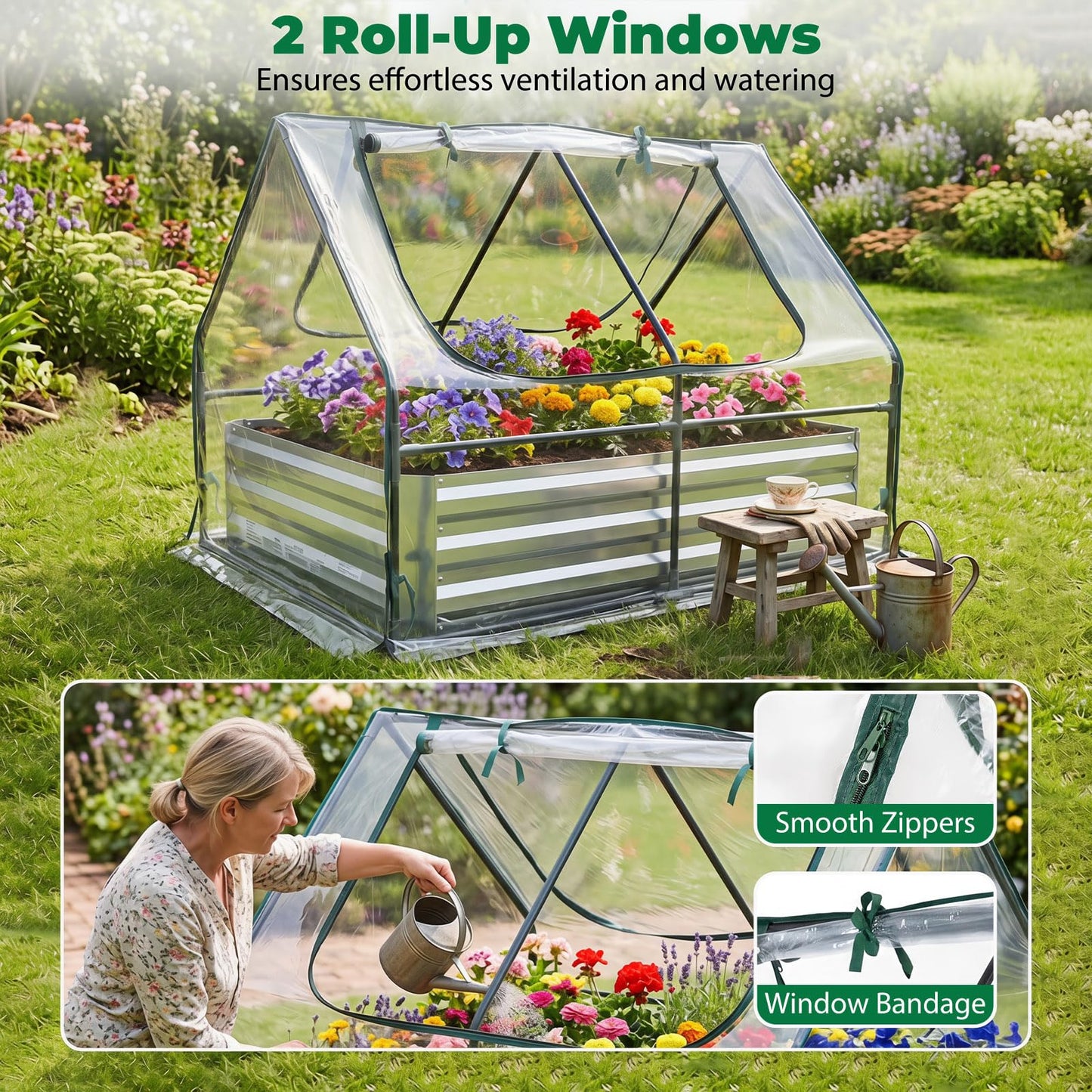 Raised Garden Bed with Greenhouse, Outdoor Elevated Planter Box with PVC/PE Cover