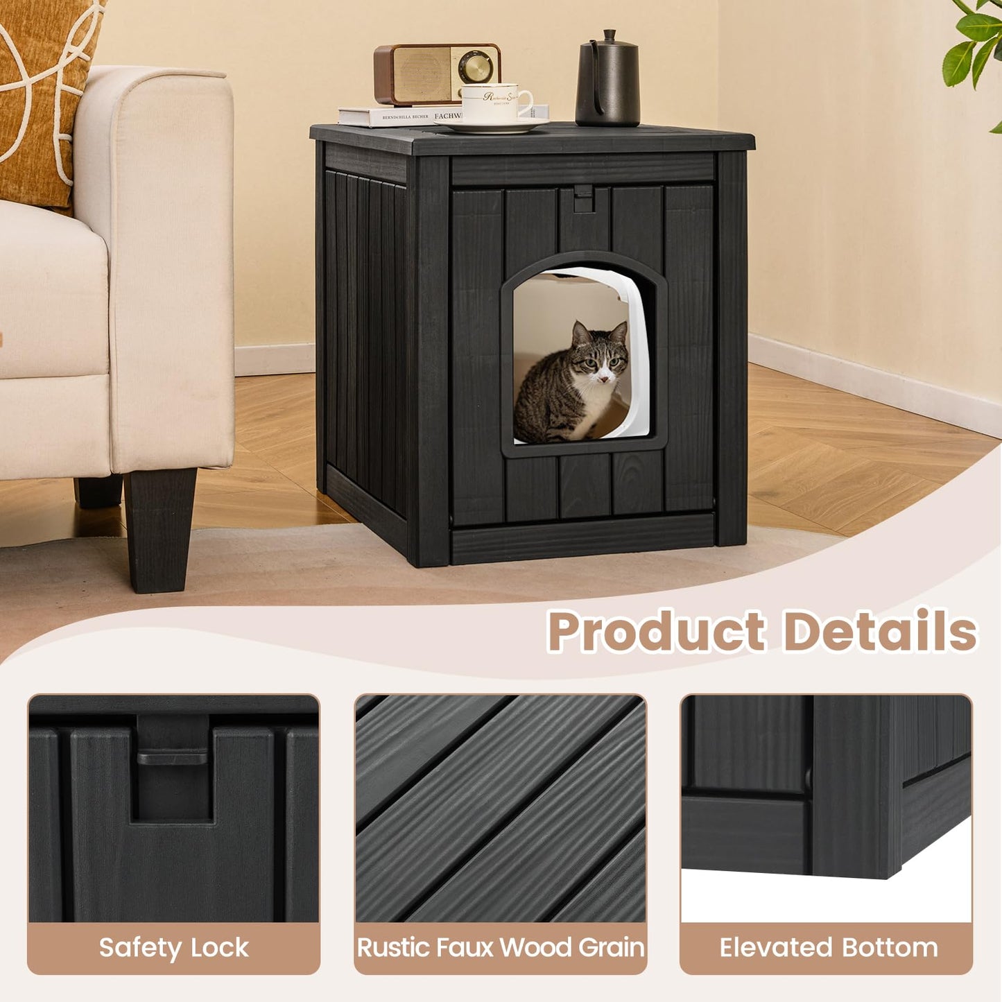 Indoor Outdoor Cat House with Flip Front Door and Raised Floor