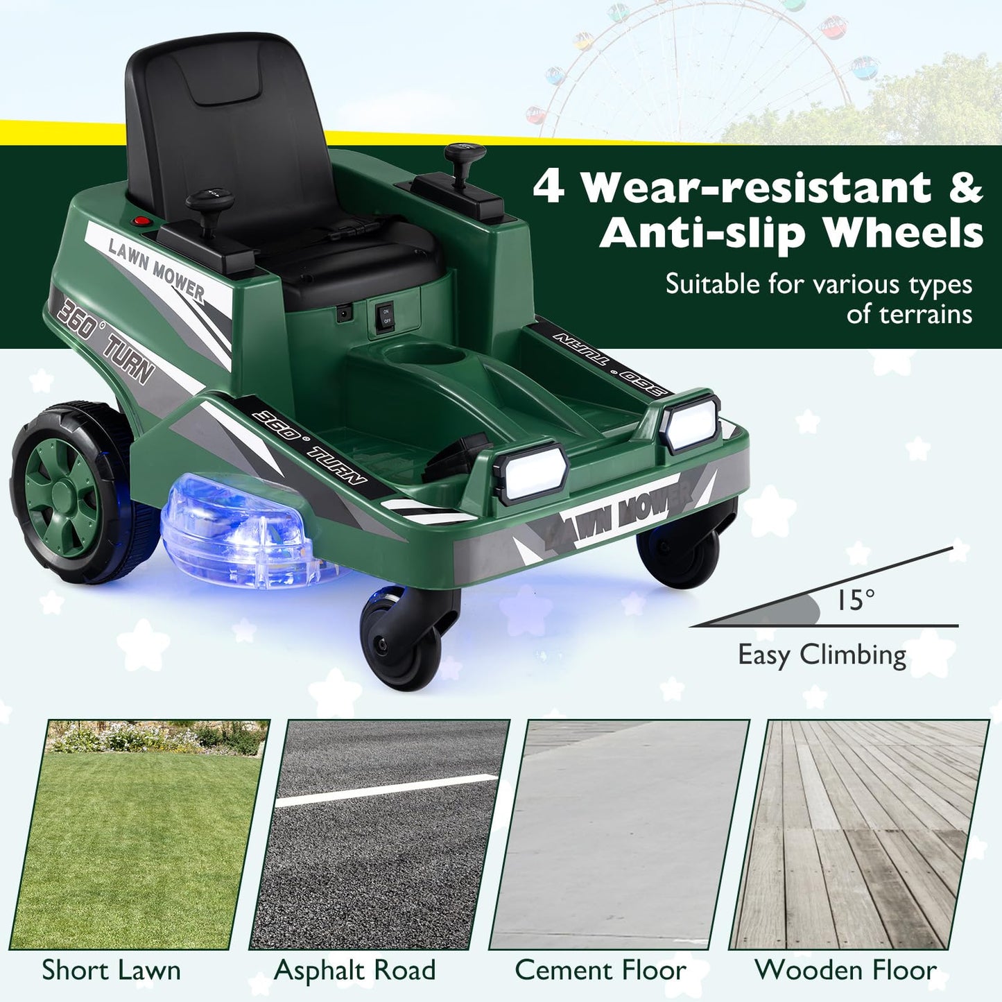 12V Ride on Lawn Mower for Kids with Dual Control Sticks and LED Lights