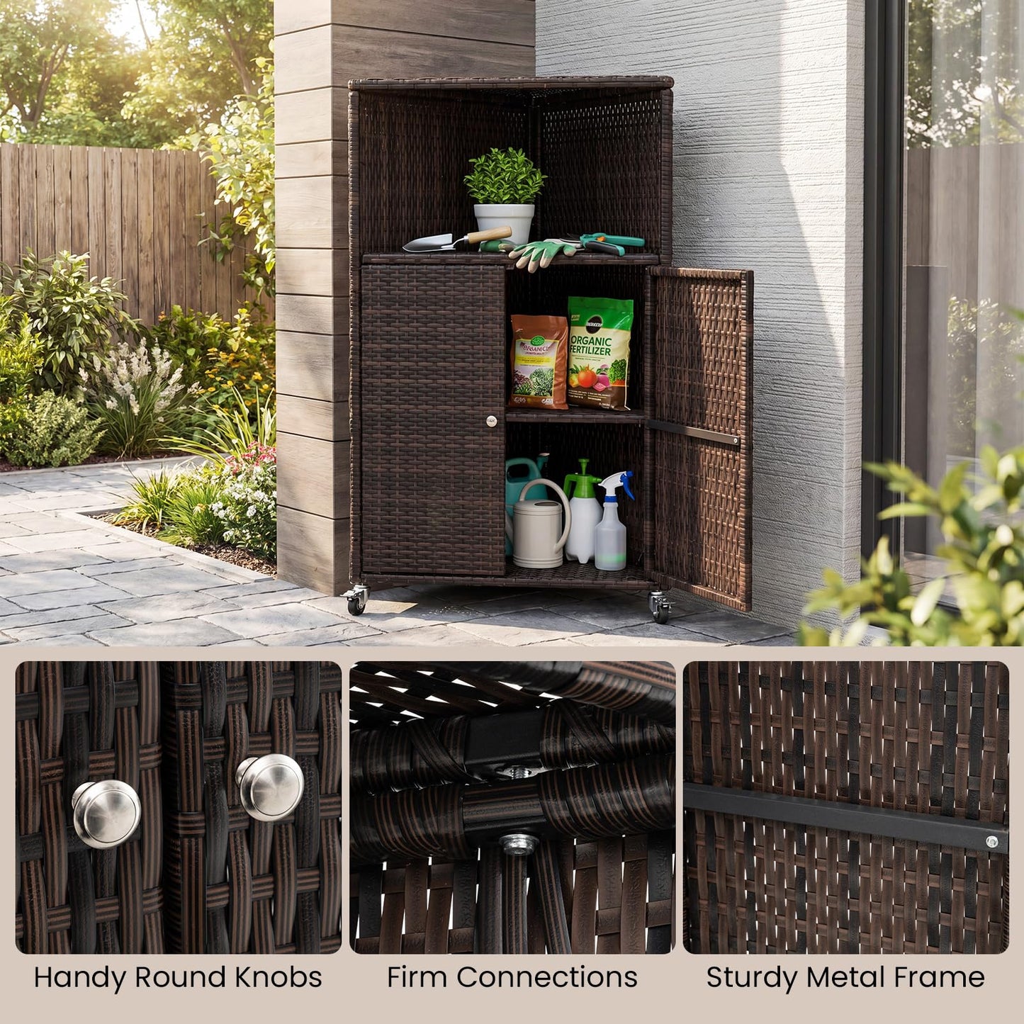 Outdoor Storage Cabinet, PE Rattan Corner Bar Cart with Shelves