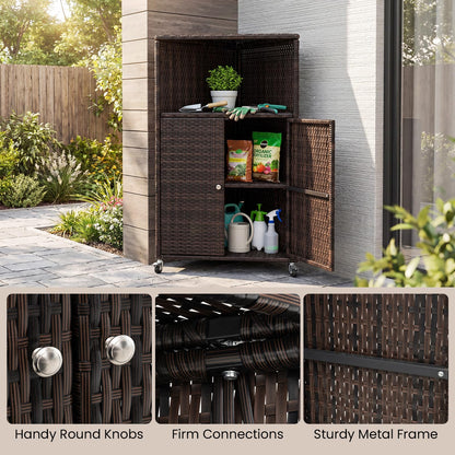 Outdoor Storage Cabinet, PE Rattan Corner Bar Cart with Shelves