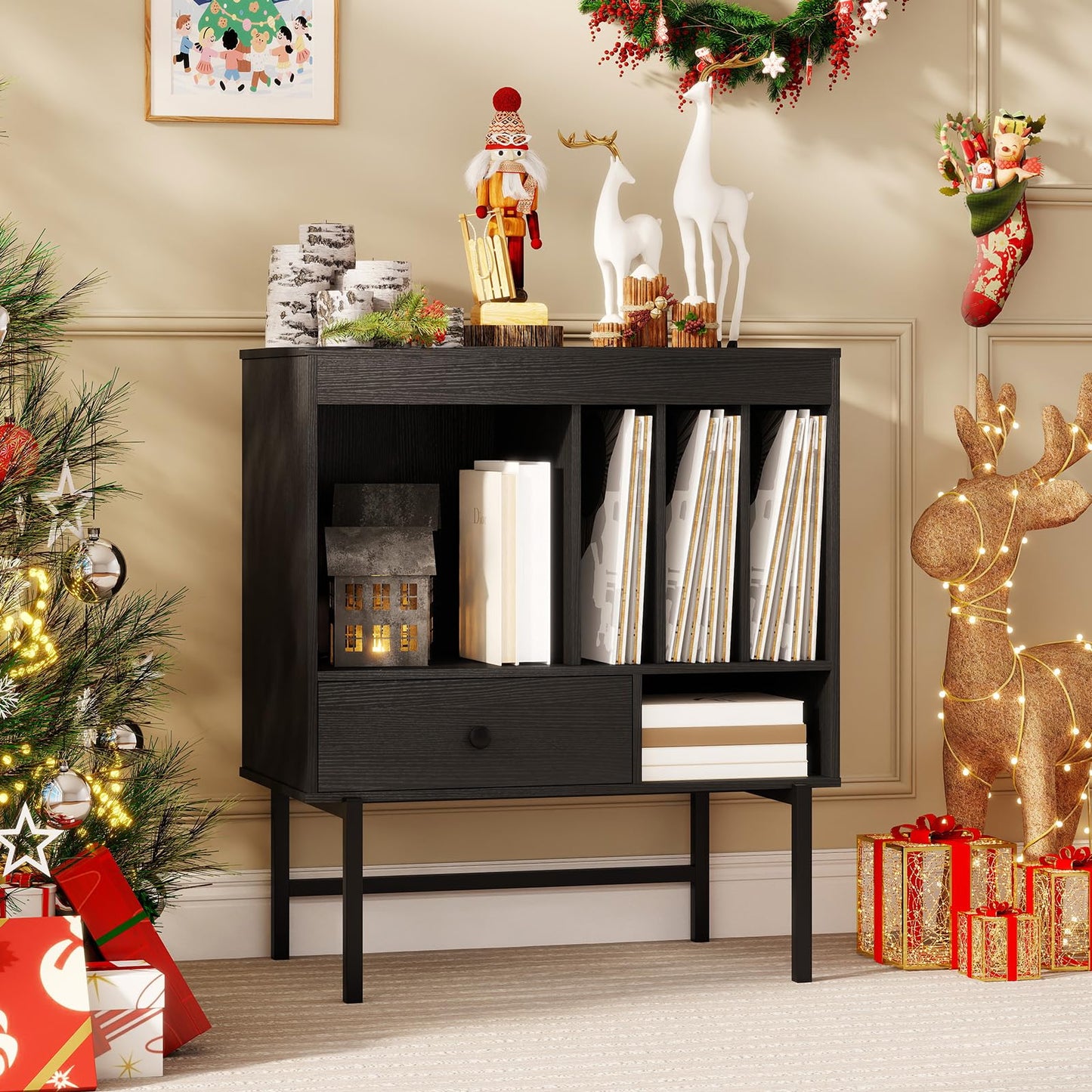 Large Record Player Stand with Open Compartments and Album Holders