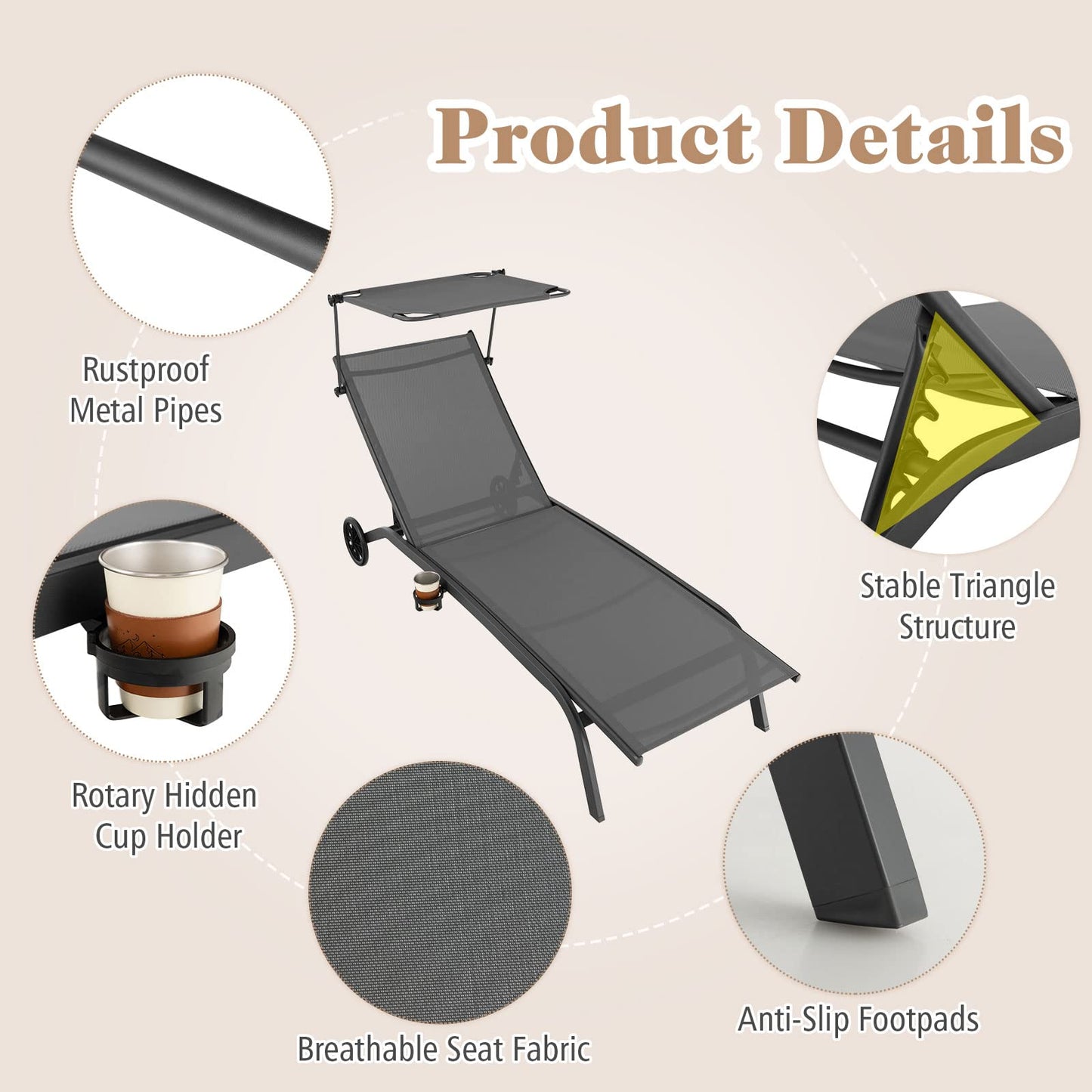 Adjustable Chaise Lounge Deck Sunbed with Rotatable Canopy and Cup Holder