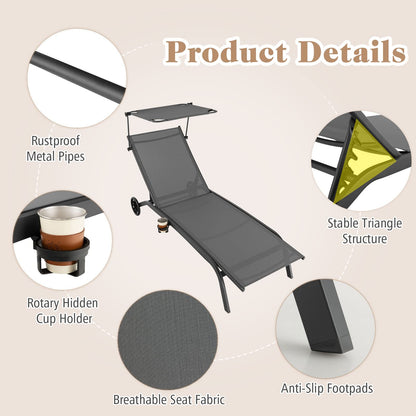 Adjustable Chaise Lounge Deck Sunbed with Rotatable Canopy and Cup Holder