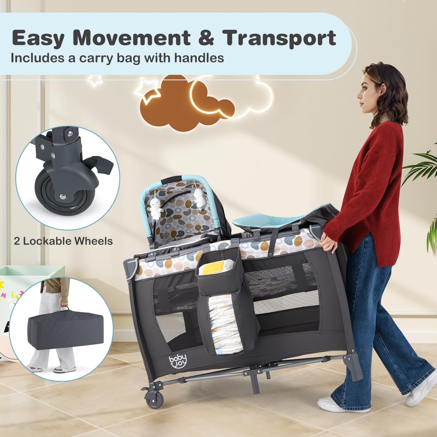 5 in 1 Travel Cot, Portable Baby Crib Bassinet with Rocking Bassinet & Diaper Changing Table