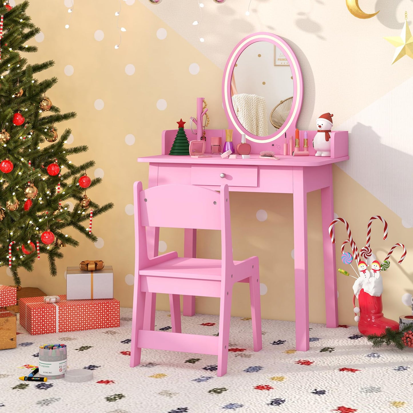 Kids Vanity Set Makeup Beauty Dressing Table and Chair with Lighted Mirror