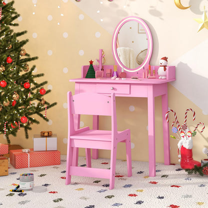 Kids Vanity Set Makeup Beauty Dressing Table and Chair with Lighted Mirror