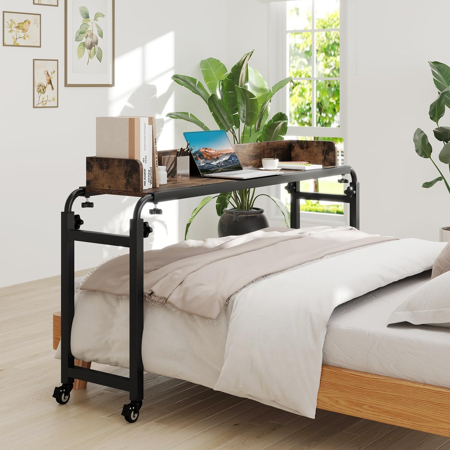 Overbed Table with Wheels, 136-206cm Mobile Over The Bed Table with Anti-Fall Barrier