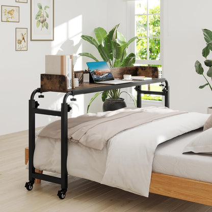 Overbed Table with Wheels, 136-206cm Mobile Over The Bed Table with Anti-Fall Barrier