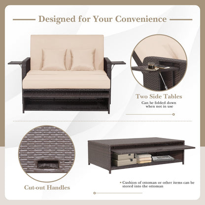 4-Level Adjustable Patio Wicker Loveseat Sofa Bed Sun Lounger with Storage Ottoman