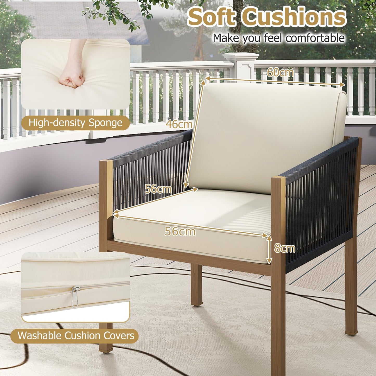 3PCS Patio Bistro Set, Woven Rope Outdoor Conversation Set with Cushions
