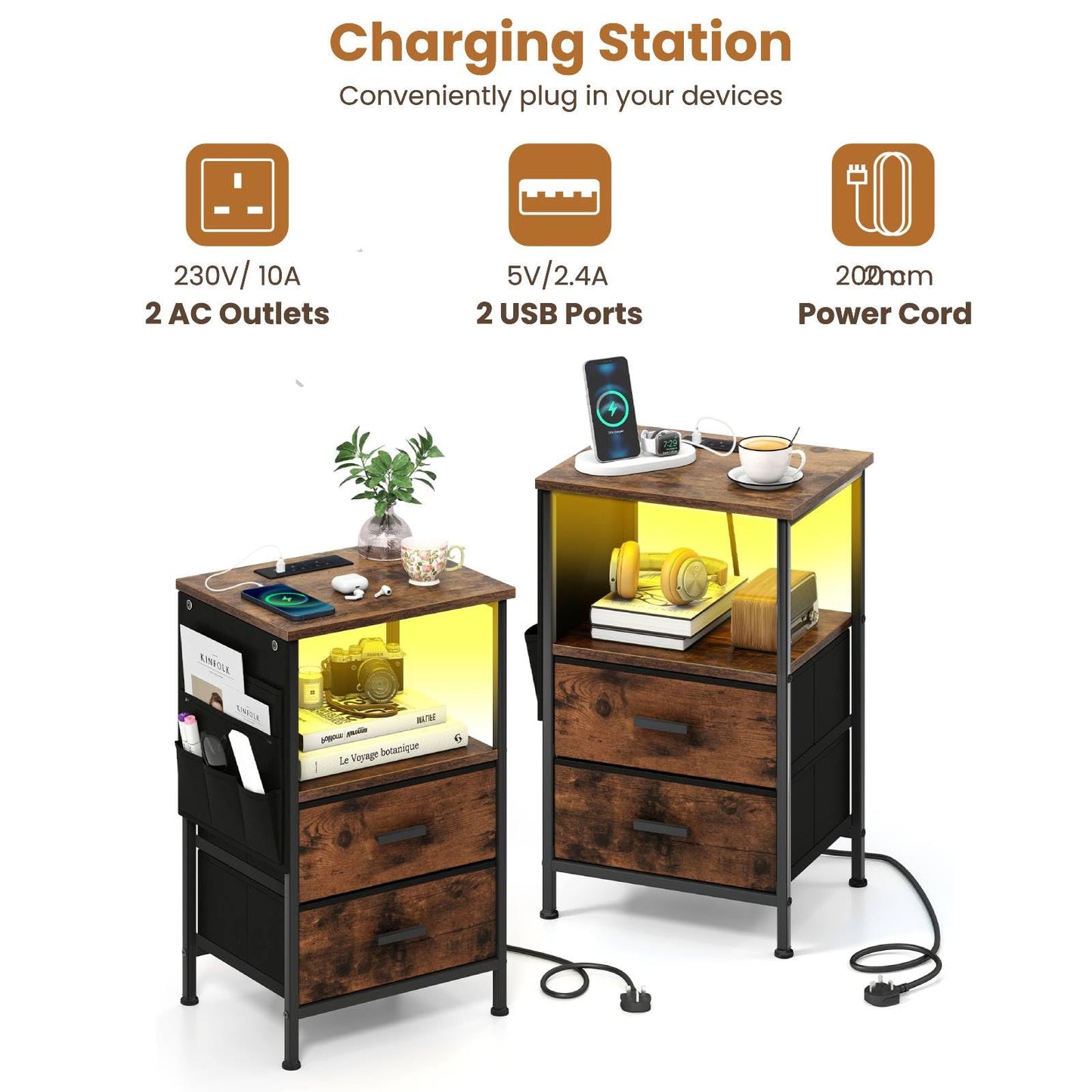 Set of 2 End Tables with Charging Station and 2 Folding Fabric Drawers