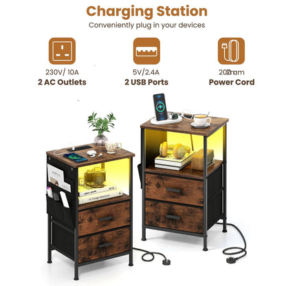 Set of 2 End Tables with Charging Station and 2 Folding Fabric Drawers