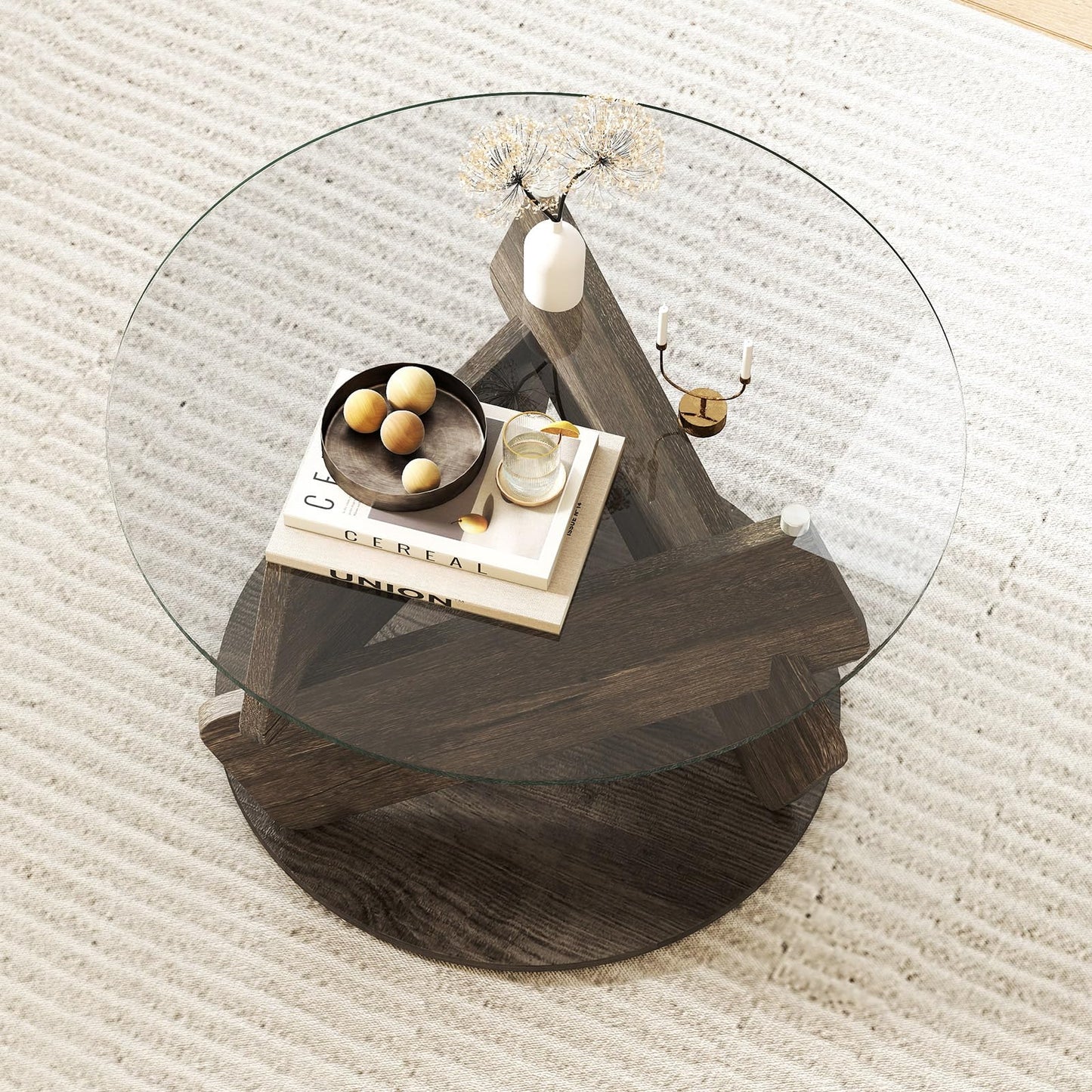 Round Glass Coffee Table 81cm Modern Center Table with Tempered Glass Top
