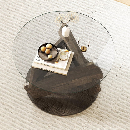 Round Glass Coffee Table 81cm Modern Center Table with Tempered Glass Top