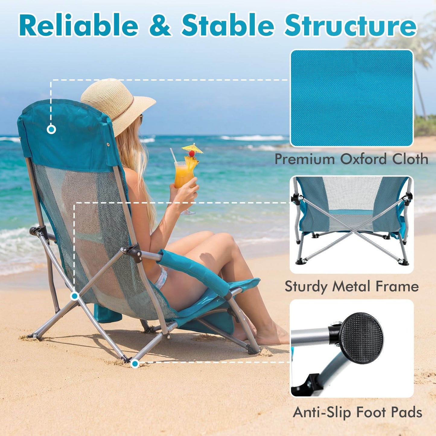 Folding Beach Chair with Padded Armrests and Storage Pocket